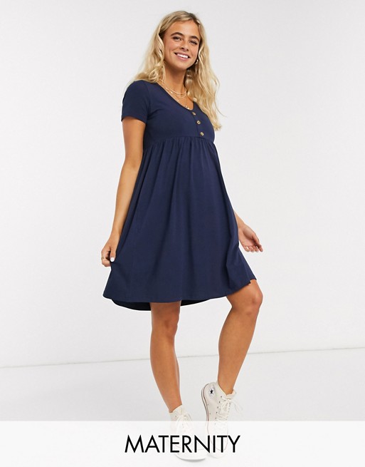 Mamalicious Maternity swing dress with v neck and button detail in navy
