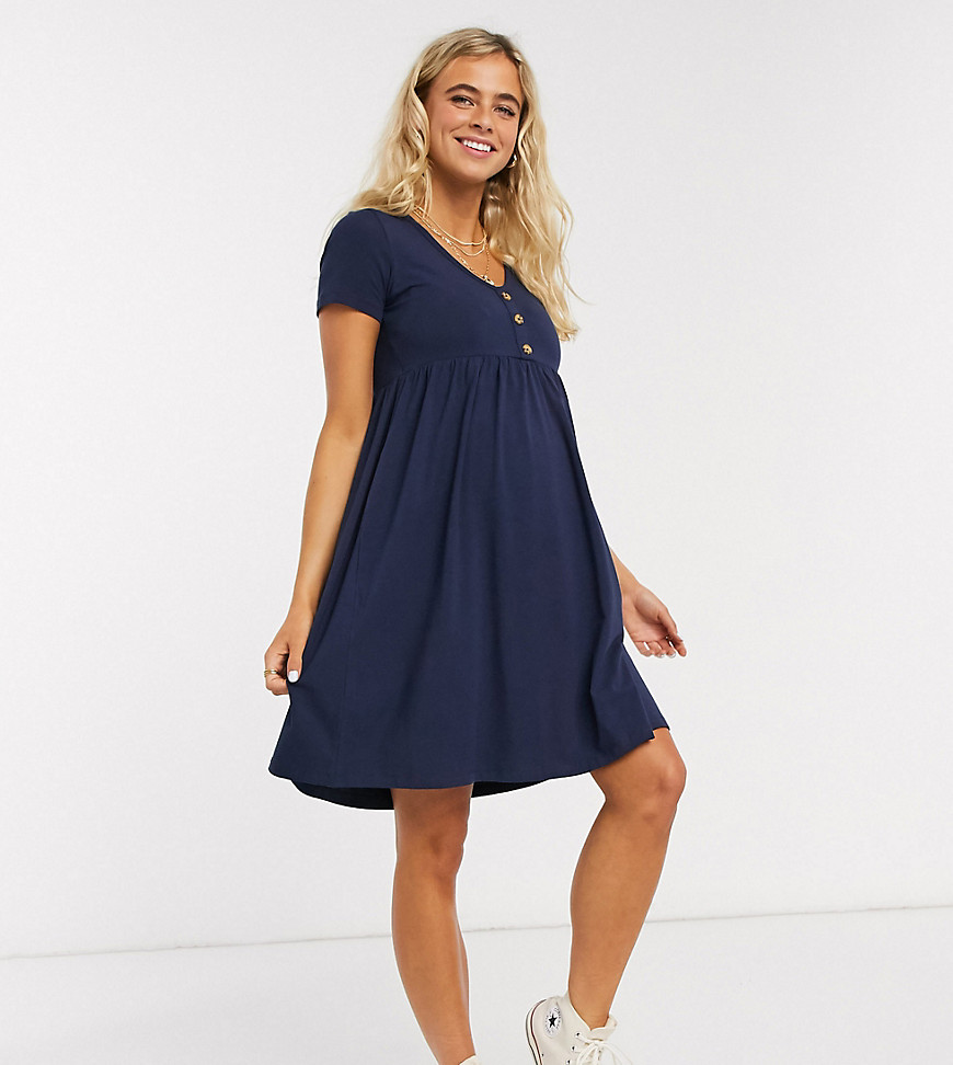 Mamalicious Maternity swing dress with v neck and button detail in navy-Blue