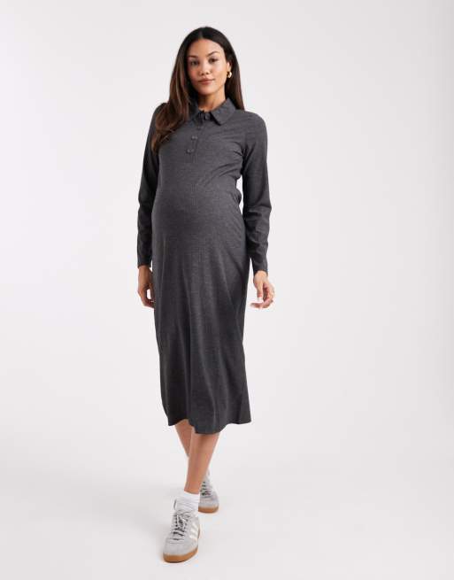 Mamalicious Maternity – Szara melanżowa sukienka midi z kołnierzykiem polo z prążkowanego dżerseju z funkcją karmienia piersią
