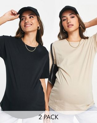 Mamalicious Maternity t-shirt 2 pack in black and beige
