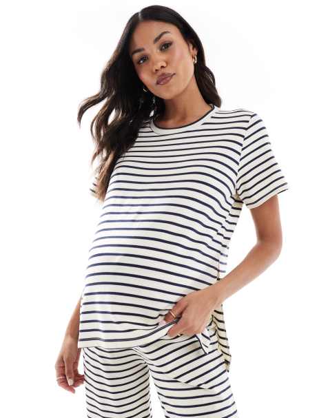 Mamalicious Maternity t-shirt in cream and navy stripes - part of a set - view 1