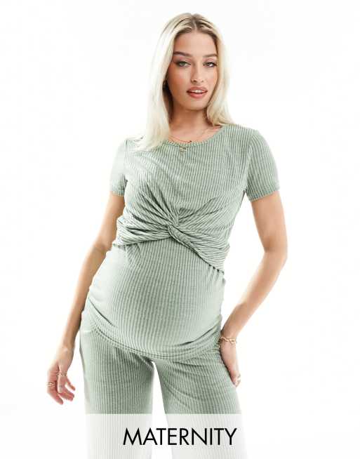 Mamalicious Maternity - T-shirt in jersey verde fumo a coste con incrocio sul davanti in coordinato