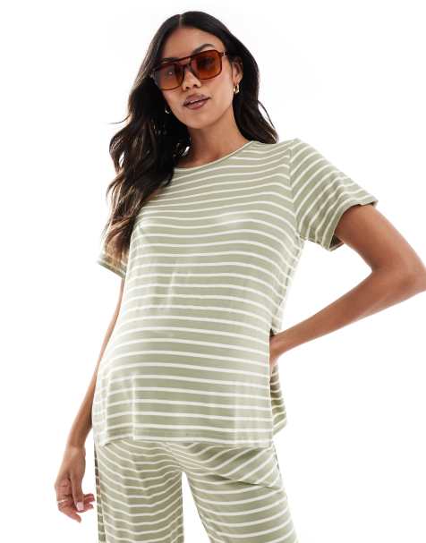 Mamalicious Maternity t-shirt in khaki green stripes - part of a set - view 1