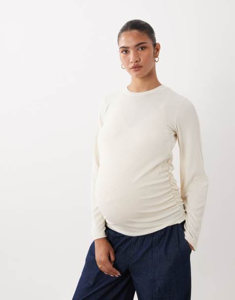 Mamalicious Maternity T-shirt met lange mouwen en gerimpeld detail in crème - view 1