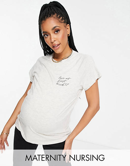 Mamalicious Maternity t-shirt with nursing vest function with slogan in light grey