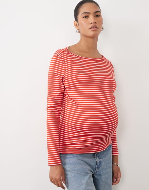 Mamalicious Maternity T-shirt z długim rękawem w czerwono-różowe paski - view 1