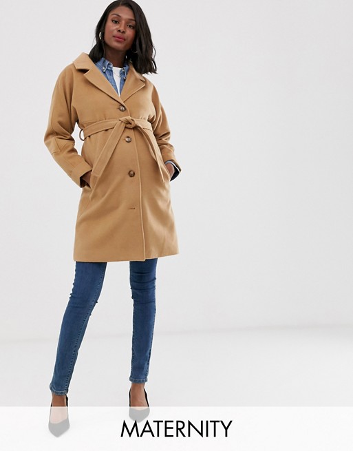 Mamalicious Maternity tailored coat with belted waist in camel