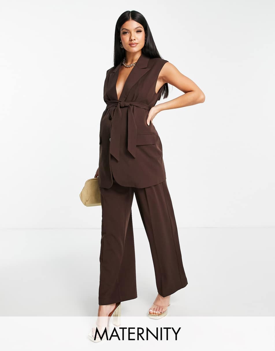 Vila Petite suede trousers with pintuck front in camel