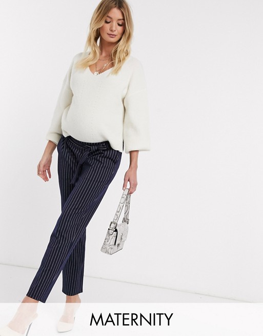 Mamalicious Maternity tailored trousers with tie waist in navy pinstripe
