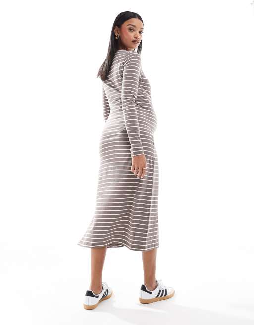Mamalicious Maternity - Taupe og langærmet maxikjole med striber i jersey, 3 af 4