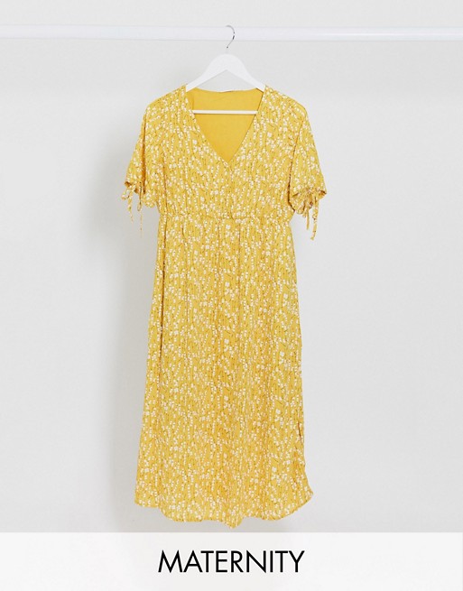 Mamalicious Maternity tea dress with v neck and tie sleeves in yellow floral