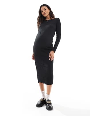 mamalicious maternity textured boat neck midi dress in black