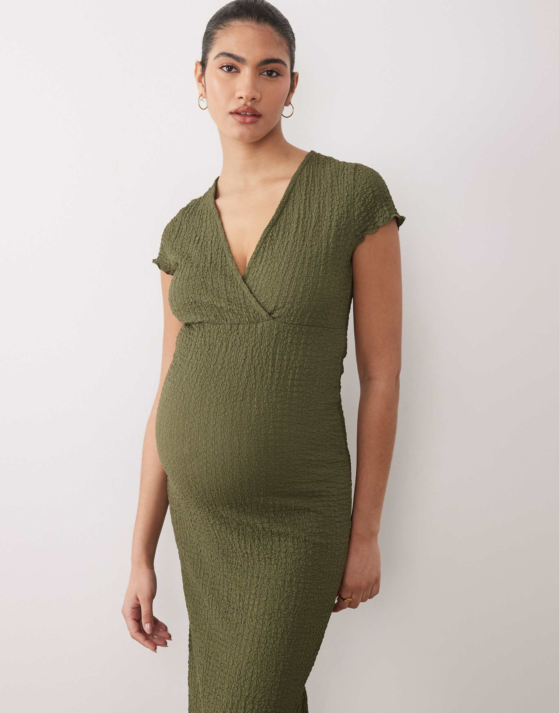mamalicious maternity textured cap sleeve v-neck 2-function nursing midi dress in dark khaki