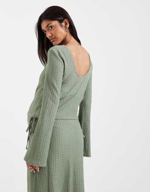Mamalicious Maternity textured jersey bell sleeve top co-ord in khaki green, 4 of 4