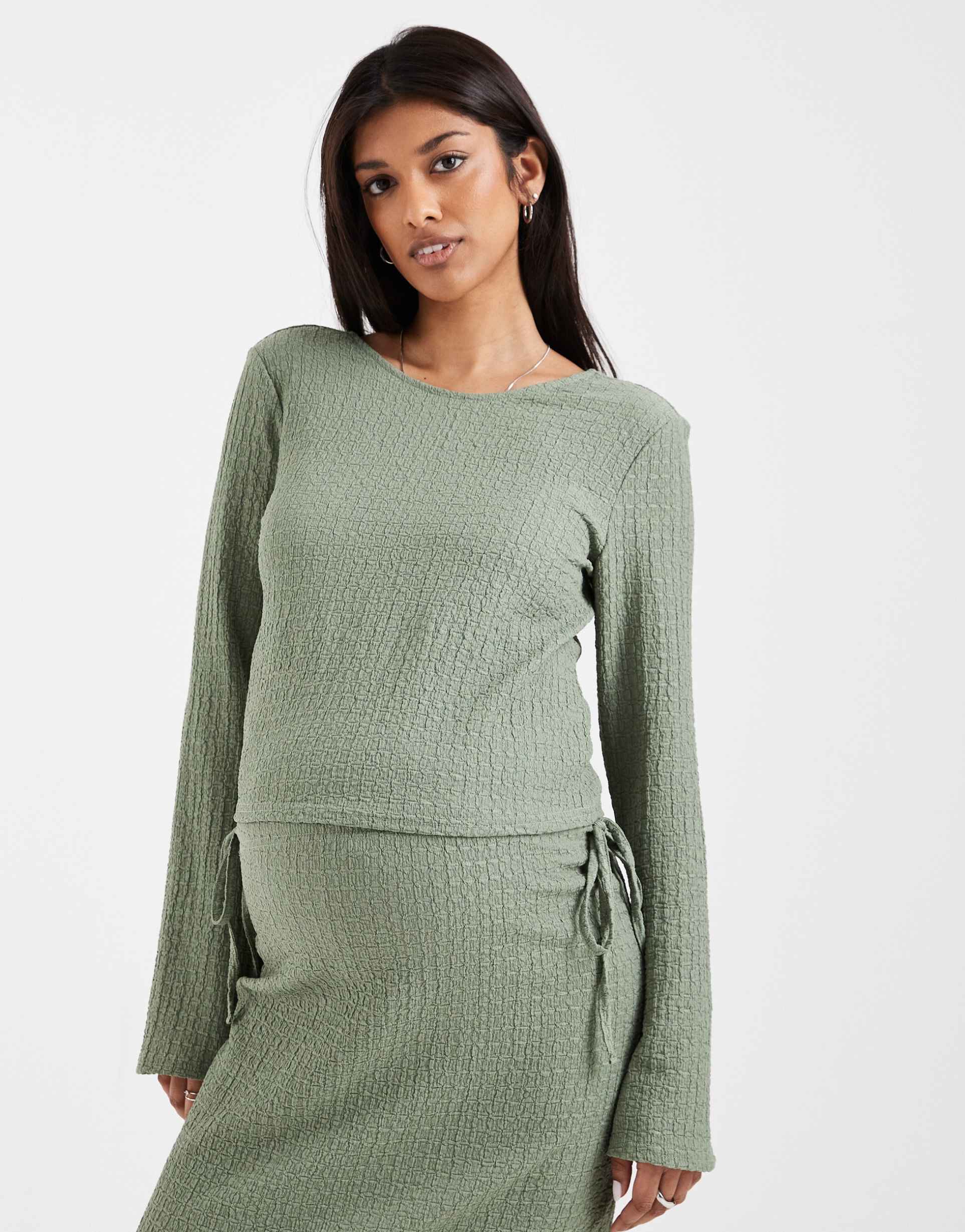 mamalicious maternity textured jersey bell sleeve top in khaki green - part of a set