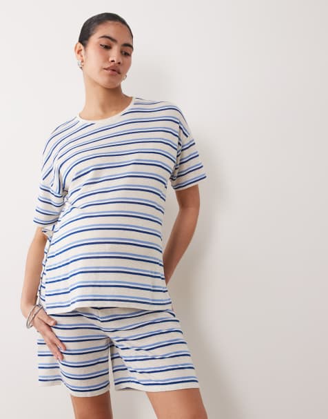 Mamalicious Maternity textured jersey oversized t-shirt co-ord in cream and blue stripe - view 1