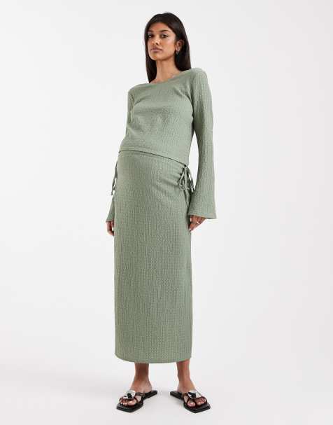 Mamalicious Maternity textured jersey tie waist midi skirt co-ord in khaki green - view 1