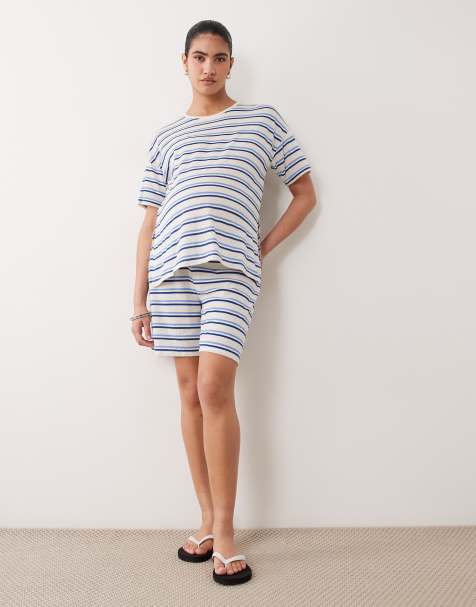Mamalicious Maternity textured jersey tie waist shorts co-ord in cream and blue stripe - view 1