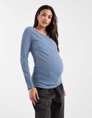 Mama.licious Mamalicious Maternity Textured Jersey Wrap Front Nursing Friendly Top In Blue