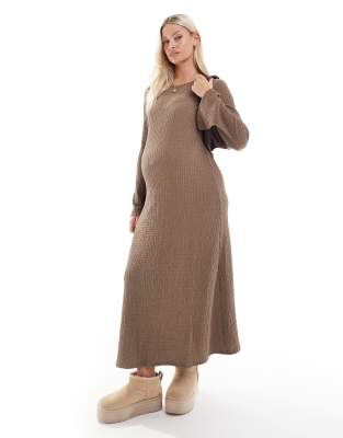 Mamalicious Maternity textured maxi dress with flared sleeve in taupe-Neutral