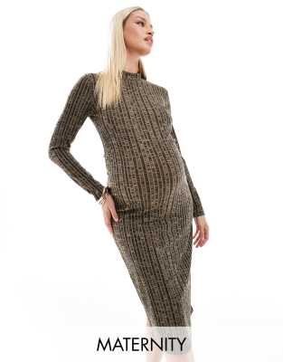 Mamalicious Maternity textured ribbed jersey dress in brown melange