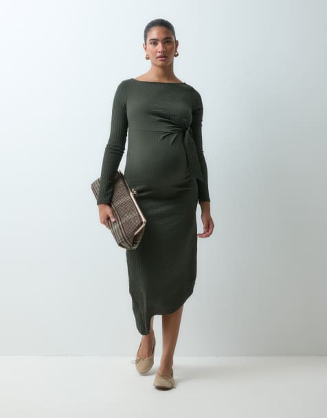 Mamalicious Maternity textured tie side long sleeve midaxi dress in forest green - view 1
