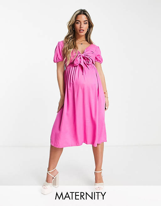 Mamalicious Maternity tie detail midi dress in pink