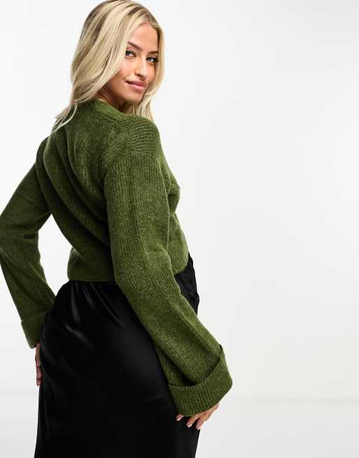 Mamalicious Maternity tie front cropped jumper in khaki , 2 of 4
