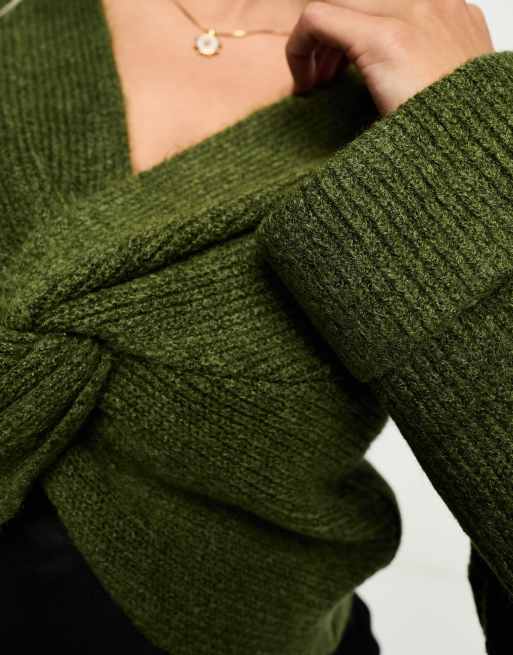 Mamalicious Maternity tie front cropped jumper in khaki , 3 of 4