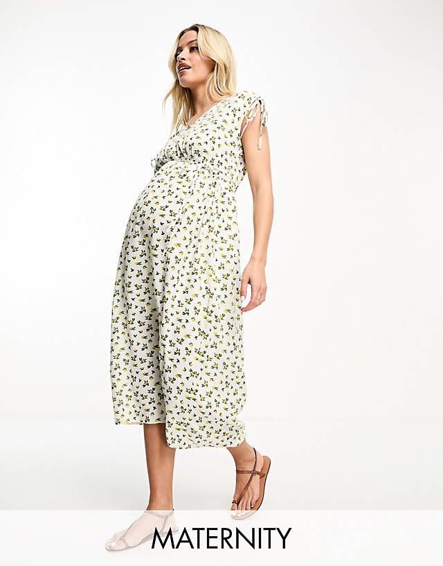 Mama.licious - Mamalicious Maternity tie shoulder midi dress in lemon print