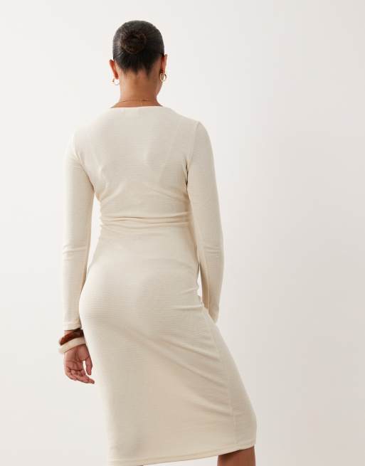 Mamalicious Maternity tie waist jersey midi dress in cream melange, 3 of 4