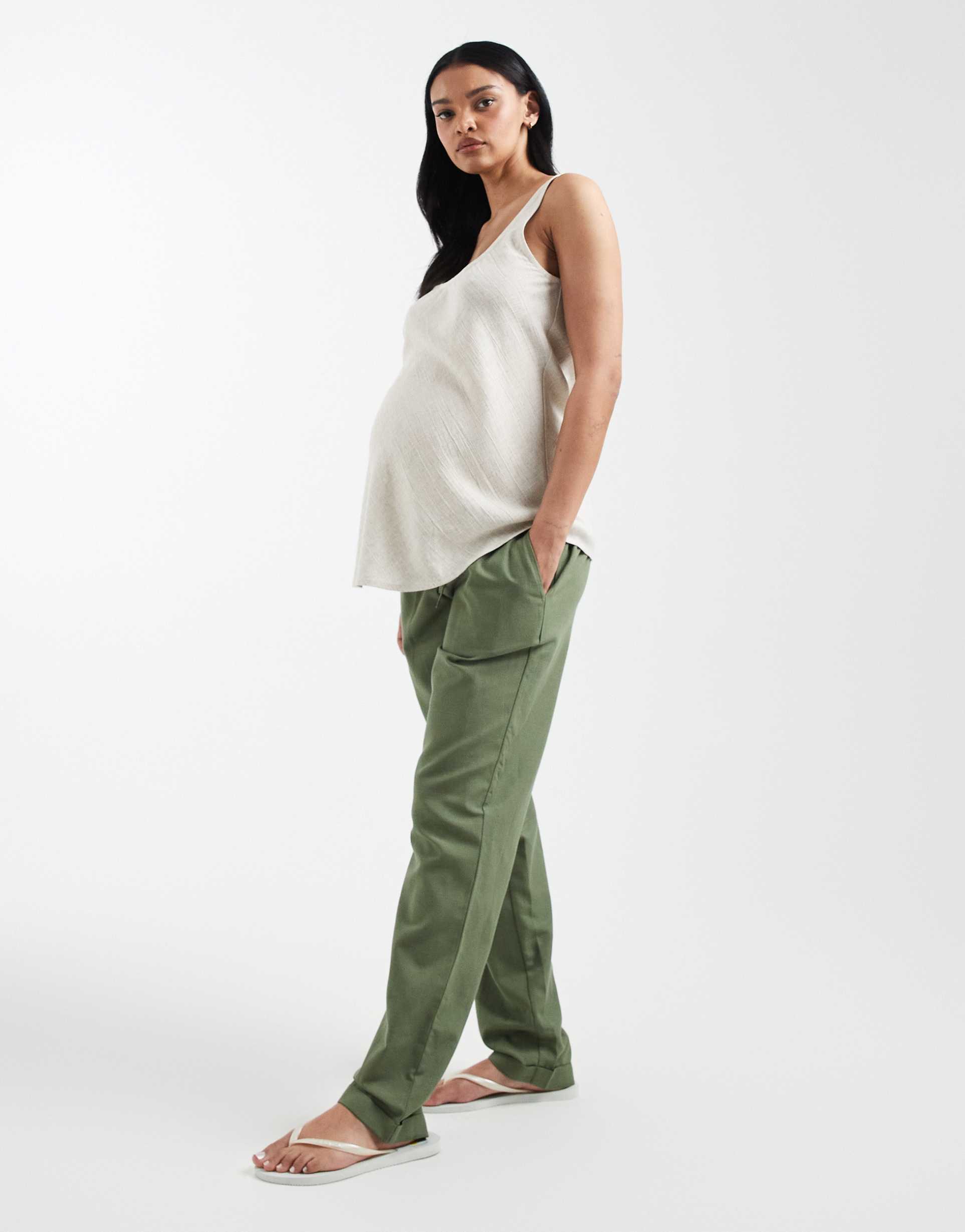 mamalicious maternity tie waist linen touch pants in khaki