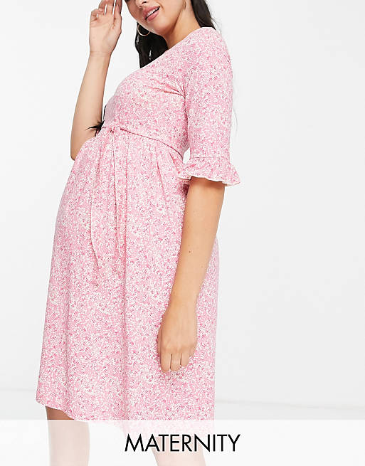 Mamalicious Maternity tie waist mini dress in pink ditsy floral
