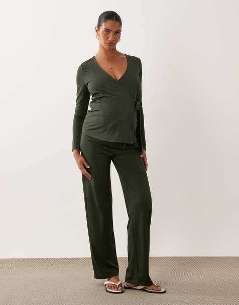 Mamalicious Maternity tie waist ribbed jersey pants in dark green (part of a set) - view 1