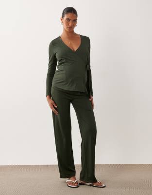 Mama.licious Mamalicious Maternity Tie Waist Ribbed Jersey Trouser Co-ord In Green