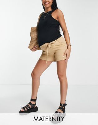 Mamalicious Maternity tie waist shorts in beige