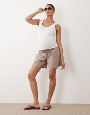 Mamalicious Maternity tie waist under the bump linen touch shorts in beige