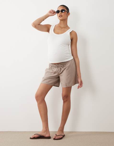 Mamalicious Maternity tie waist under the bump linen touch shorts in beige - view 1