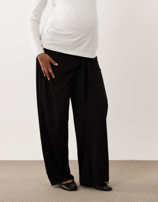 Mamalicious Maternity tie waist wide leg jersey pants in black, 2 of 5