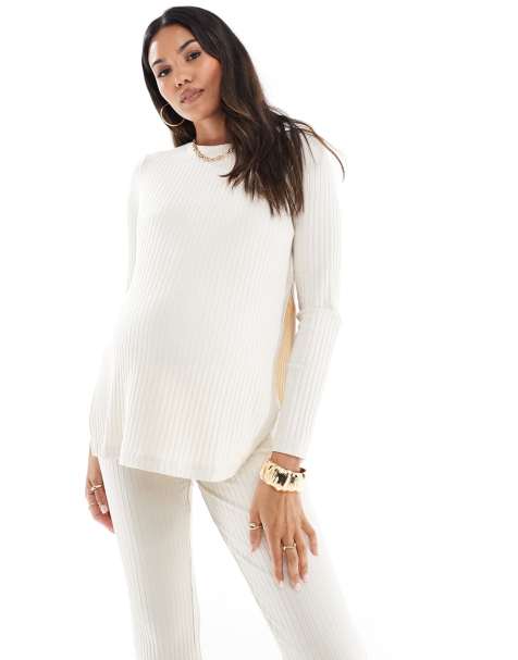 Mamalicious Maternity - Top a maniche lunghe color crema a coste in jersey in coordinato - view 1