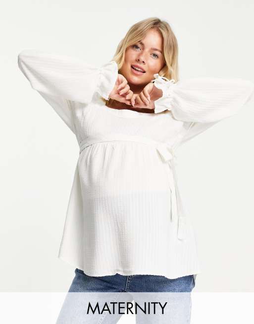 Mamalicious Maternity - Top grembiule bianco con scollo quadrato e allacciatura sopra il pancione
