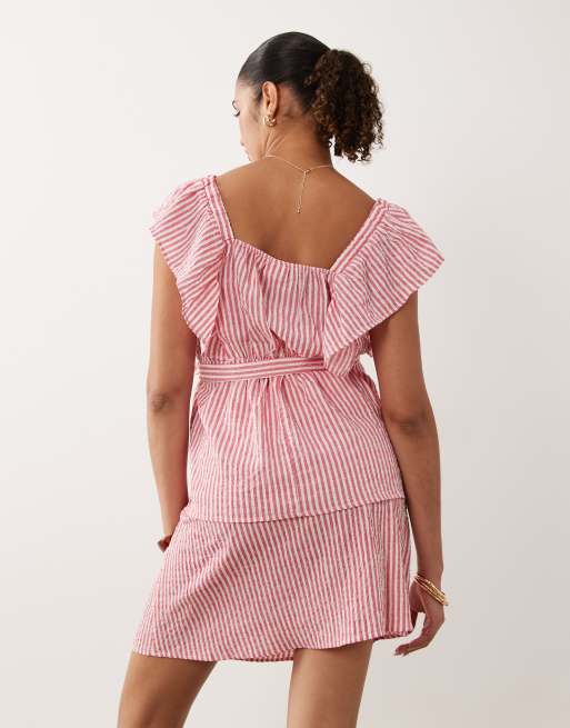 Mamalicious Maternity - Top in seersucker bianco e rosso a righe con maniche con volant in coordinato, 4 di 4
