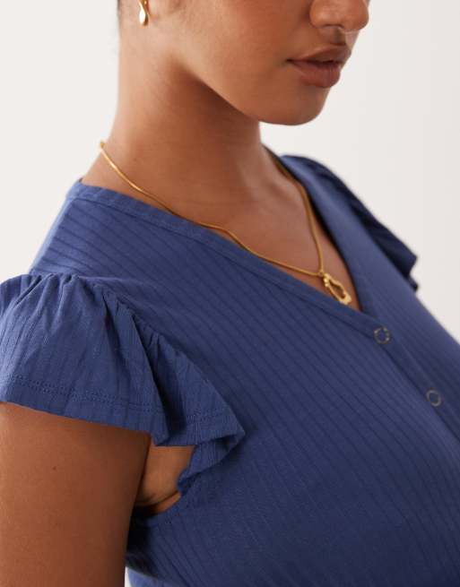 Mamalicious Maternity top- og shortssæt i ribjersey med flæseærmer i indigoblå, 4 af 4