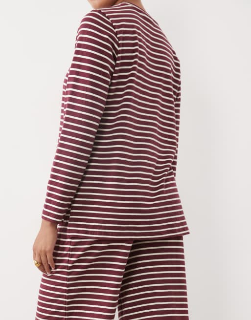 Mamalicious Maternity - Top oversize a maniche lunghe in jersey bordeaux a righe in coordinato, 4 di 4