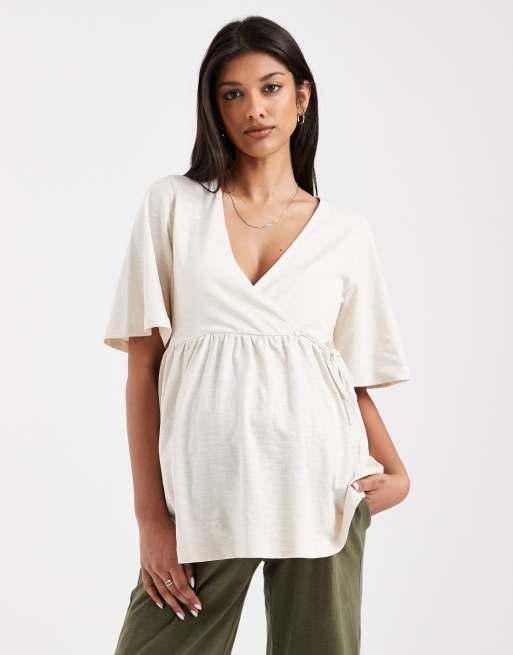 Mamalicious Maternity - Top per allattamento a maniche corte avvolgente in jersey color crema