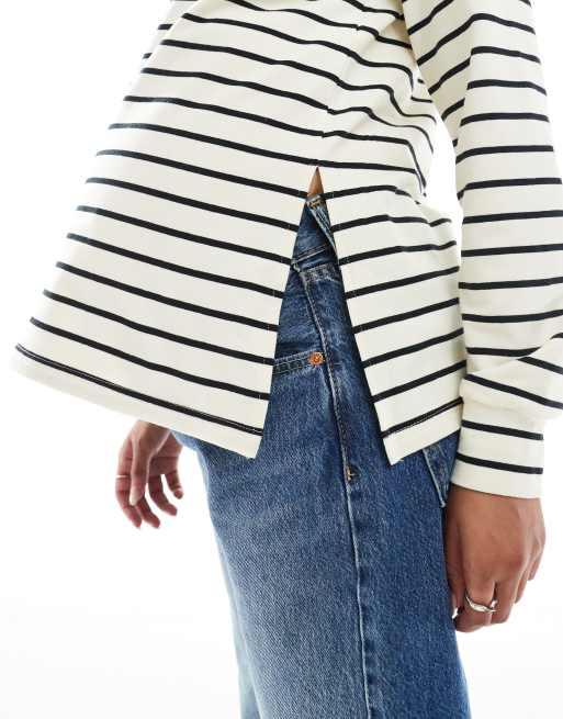 Mamalicious Maternity - Top stile rugby adatto per l'allattamento color crema e nero a righe, 3 di 4