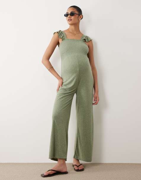 Mamalicious Maternity - Tuta jumpsuit a fondo ampio in jersey kaki con bustino arricciato e spalline con volant - view 1