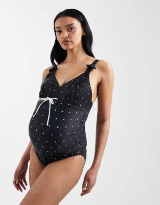 Mamalicious Maternity - Umstands-Badeanzug in Schwarz mit Bindedetail vorne und Still-Clip-Funktion und Polka Dots