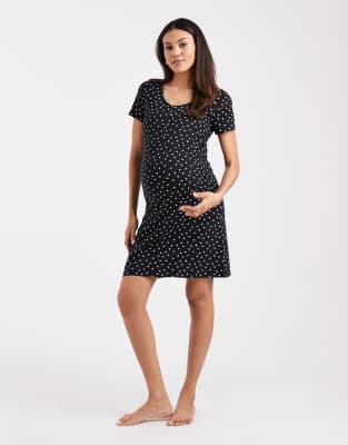 Mamalicious Maternity - Umstandsnachthemd in Scharz mit rosa Herzmuster samt Stillfunktion-Schwarz