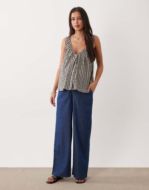 Mamalicious Maternity under the bump drawstring chambray jeans in medium blue wash